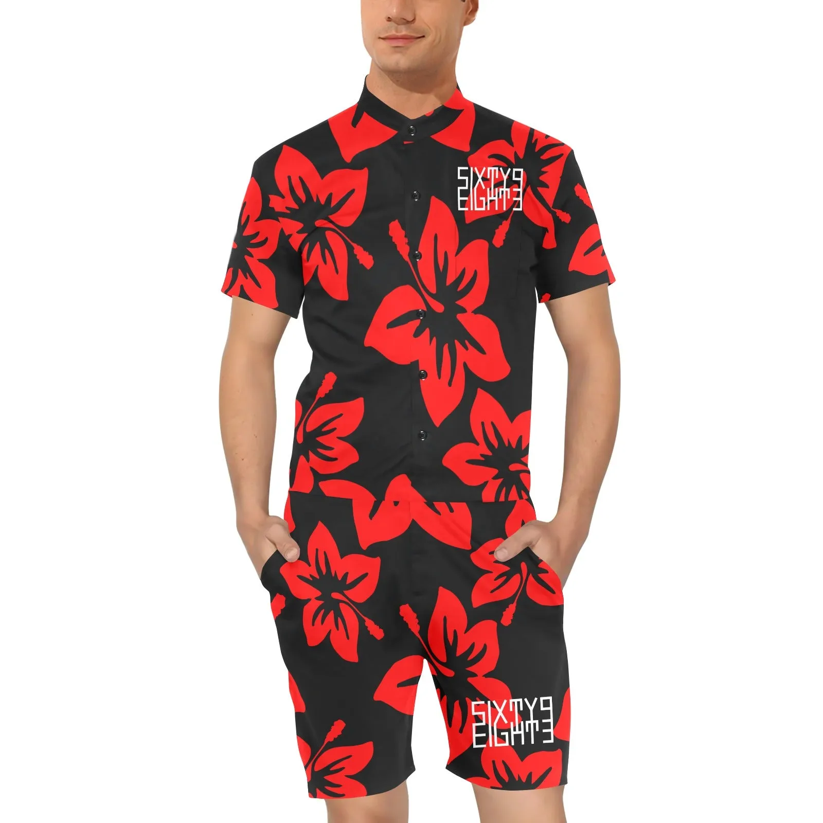 Sixty Eight 93 Logo White Hibiscus Red & Black Men's Short Sleeve Jumpsuit