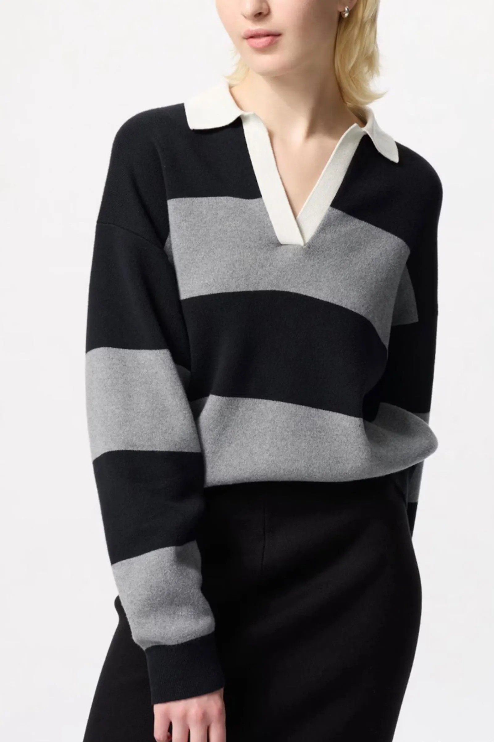 Smooth Cotton Relaxed Polo Jumper (Stripe)