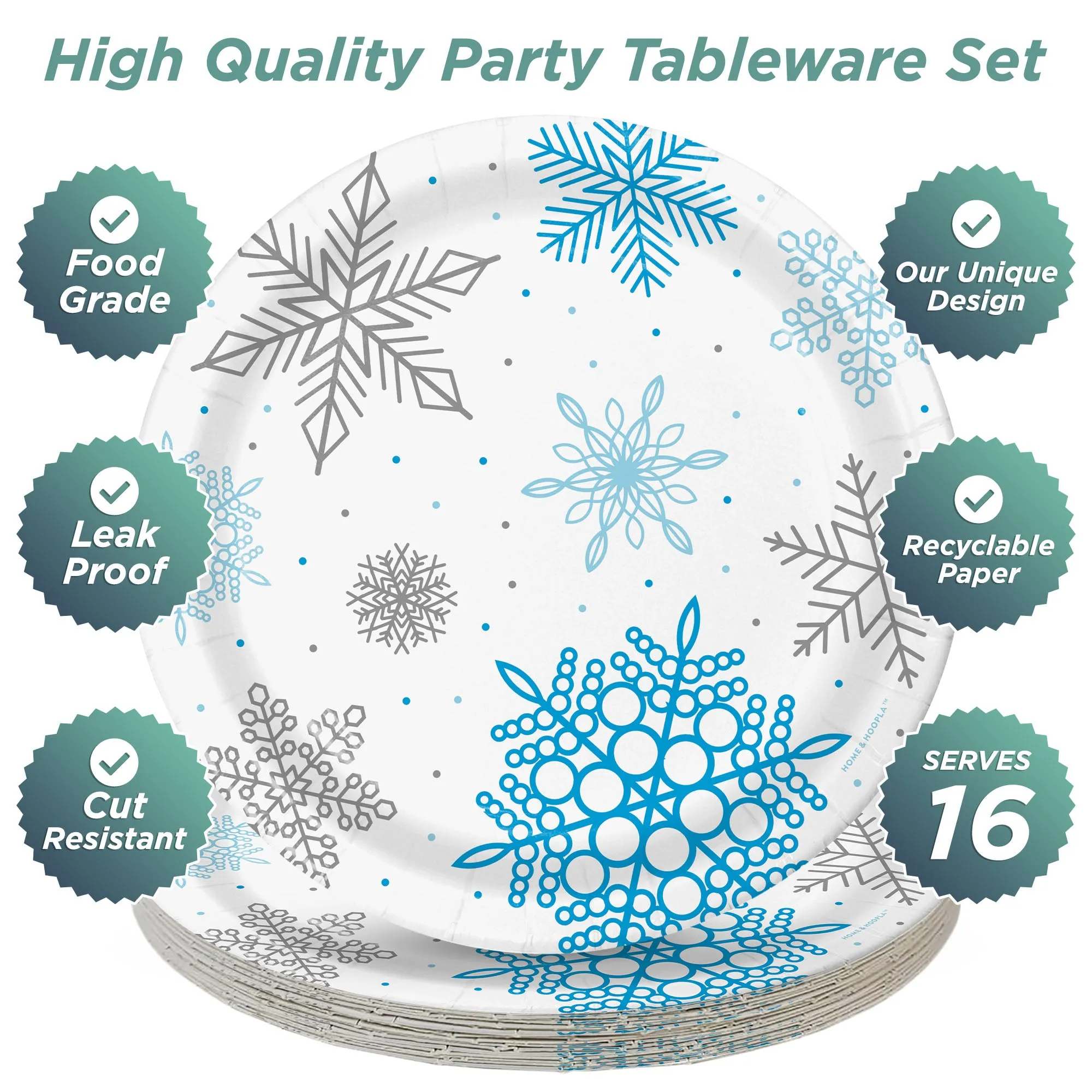 Snowflake Party Supplies - Frozen Winter Snowflake Round Paper Dessert for 16 Guests