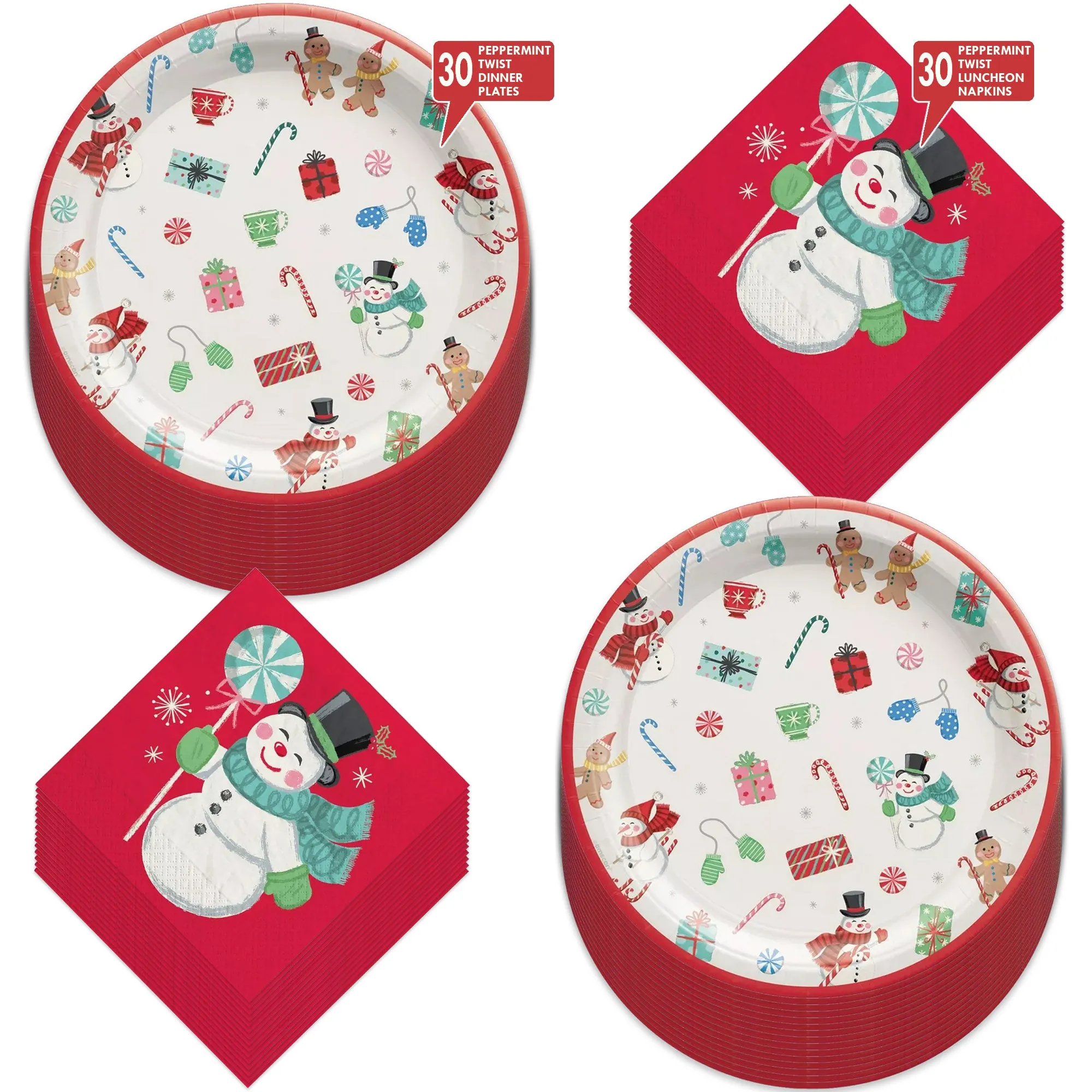 Snowman & Gingerbread Man Peppermint Twist Paper Dinner Plates and Lunch Napkins (Serves 30)