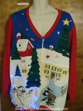 Snowman and Patriotic Angel Tacky Xmas Sweater with Lights