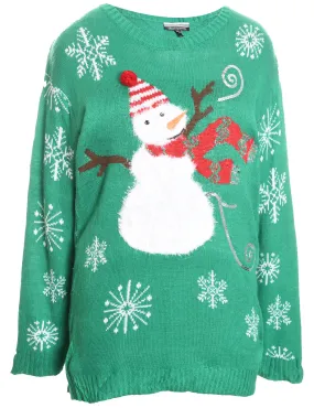 Snowman Design Green Striped Knit Christmas Jumper - XL