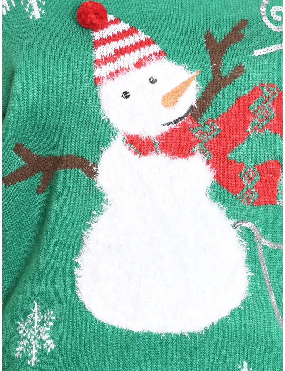 Snowman Design Green Striped Knit Christmas Jumper - XL