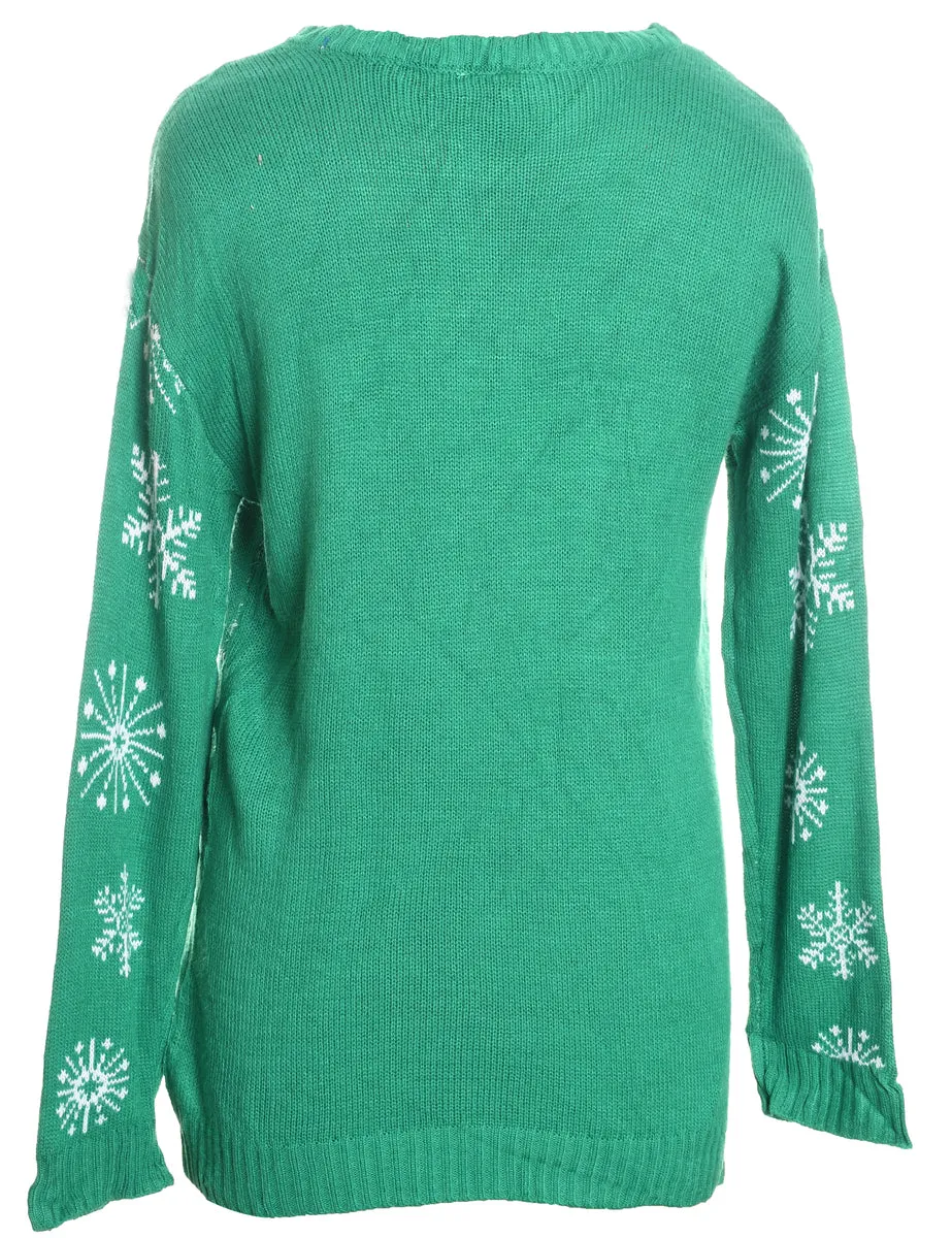 Snowman Design Green Striped Knit Christmas Jumper - XL