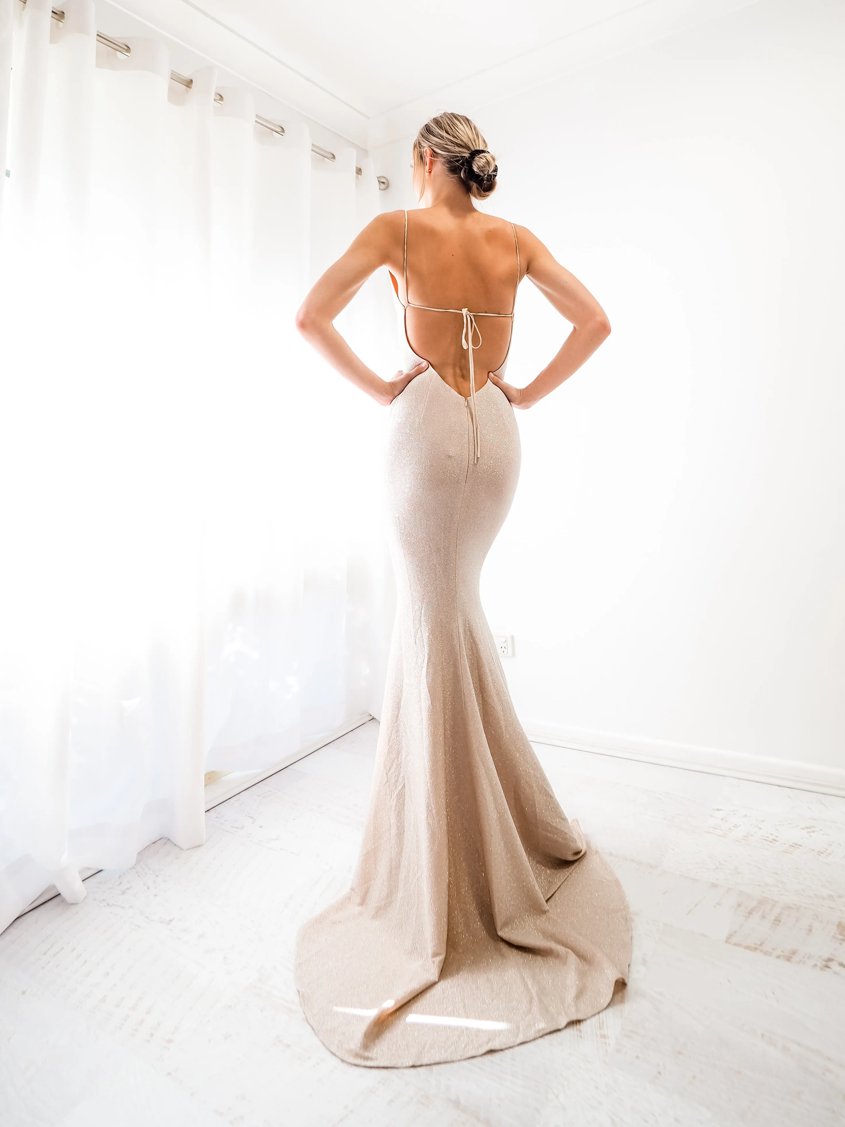 Sparkling gold nude cowl neck mermaid dress