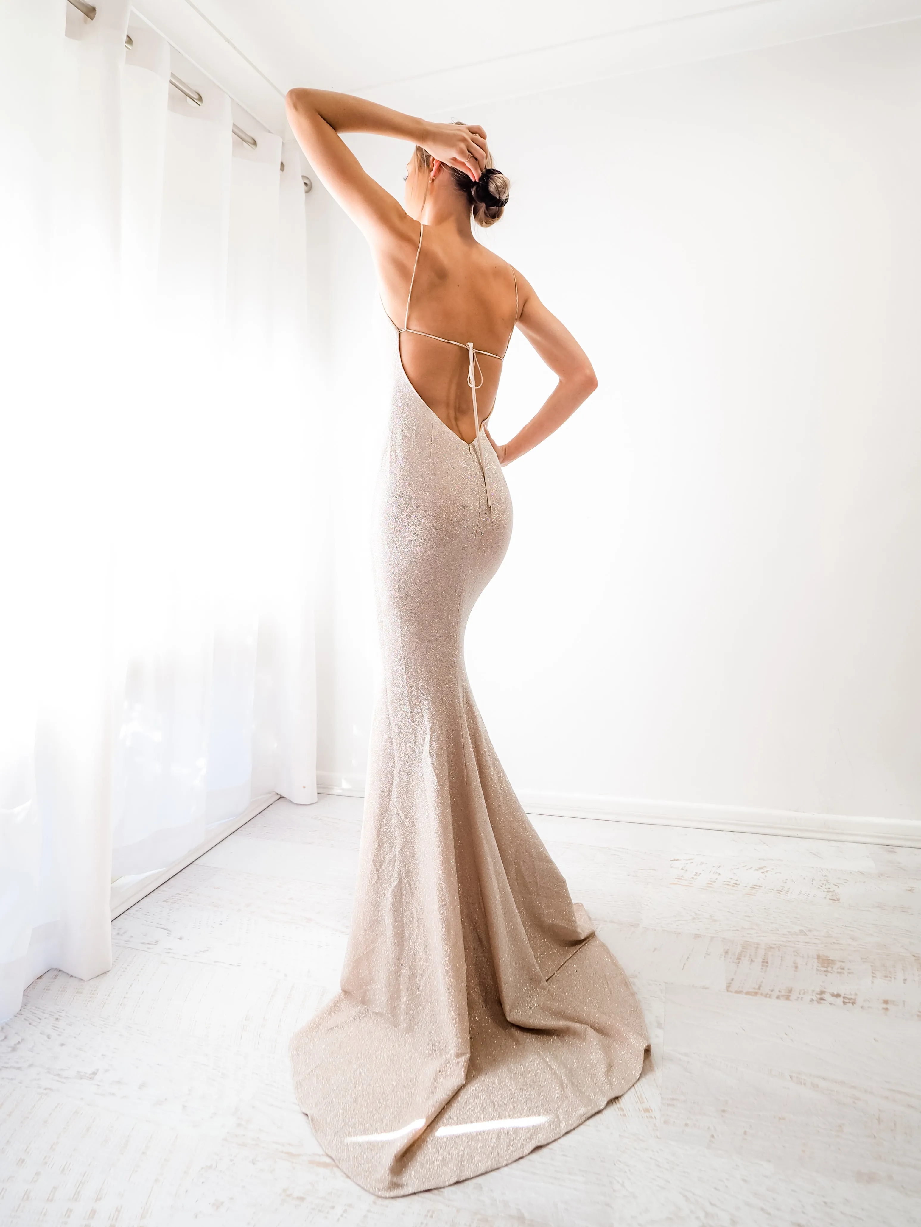 Sparkling gold nude cowl neck mermaid dress