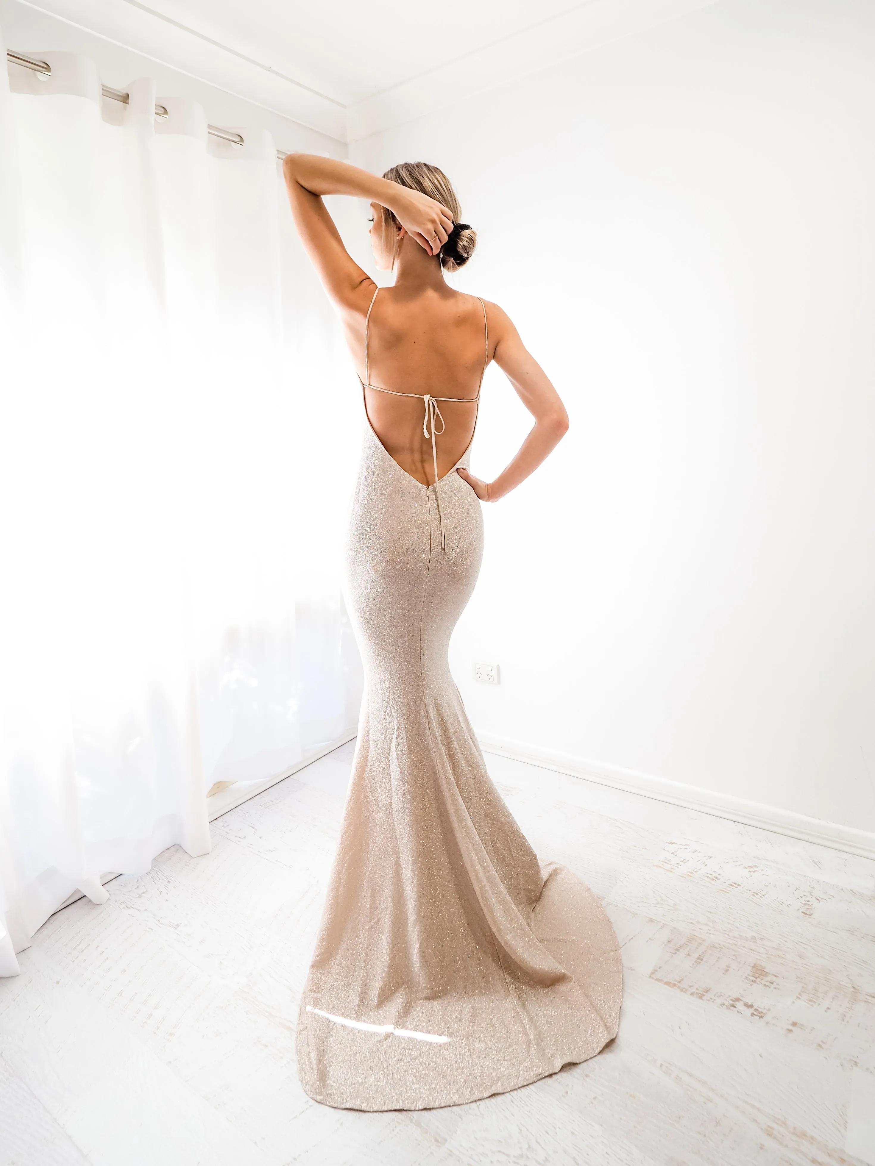 Sparkling gold nude cowl neck mermaid dress