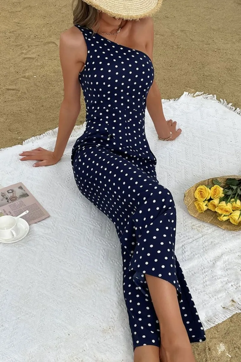 Spot On Style Polka Dot Jumpsuit with One Shoulder