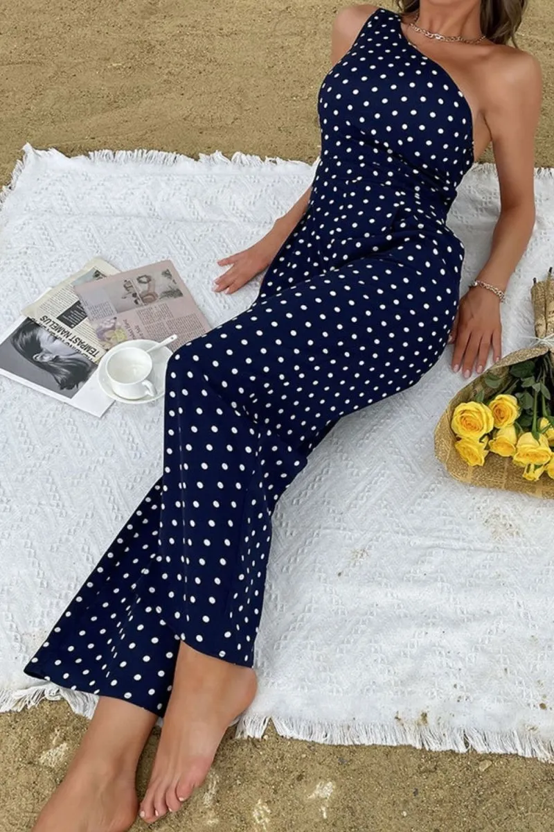 Spot On Style Polka Dot Jumpsuit with One Shoulder