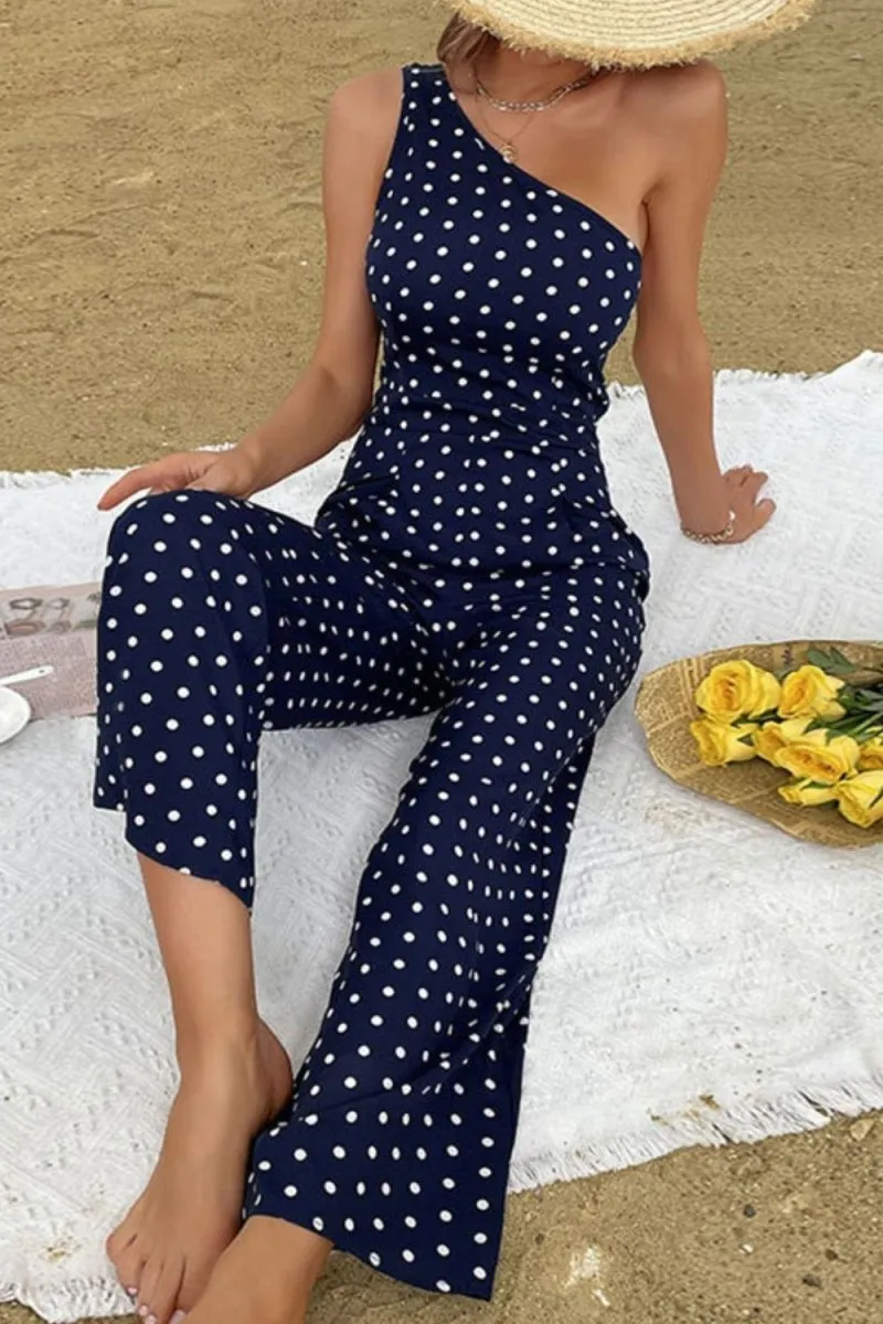 Spot On Style Polka Dot Jumpsuit with One Shoulder