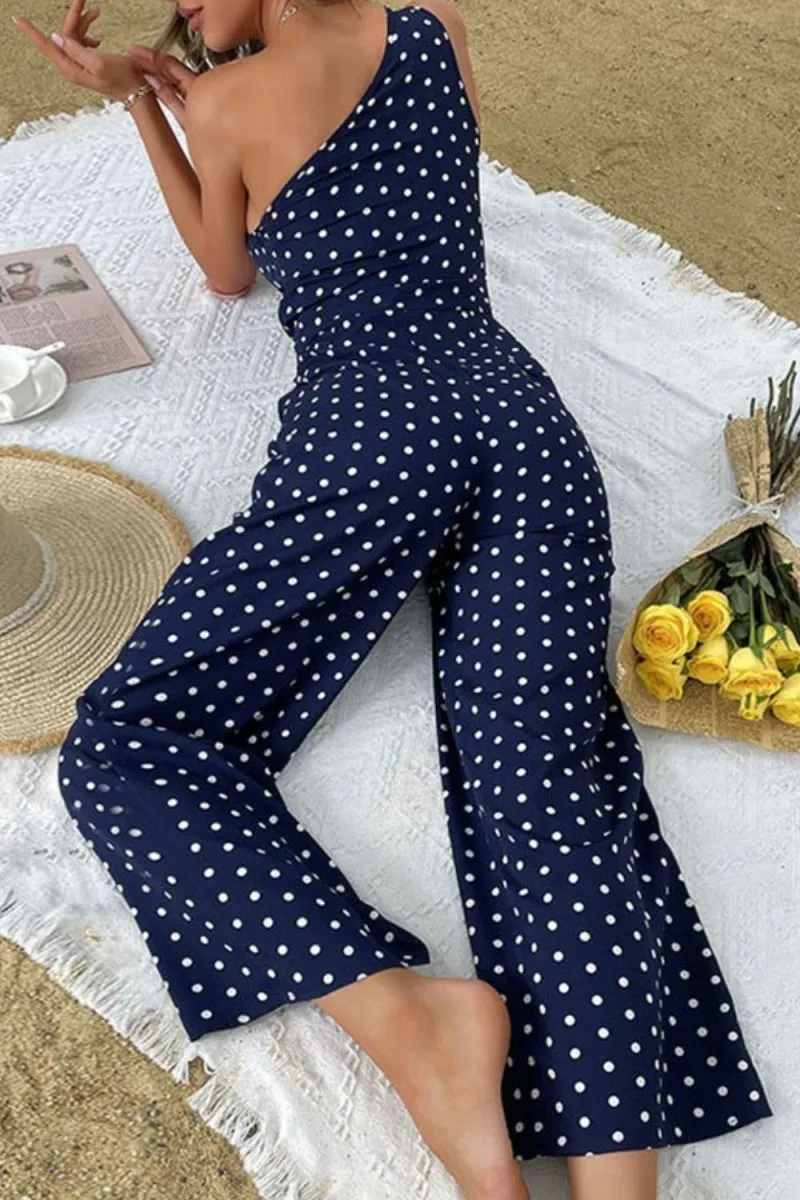 Spot On Style Polka Dot Jumpsuit with One Shoulder