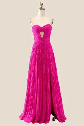 Strapless Hot Pink Ruched Long Dress with Slit