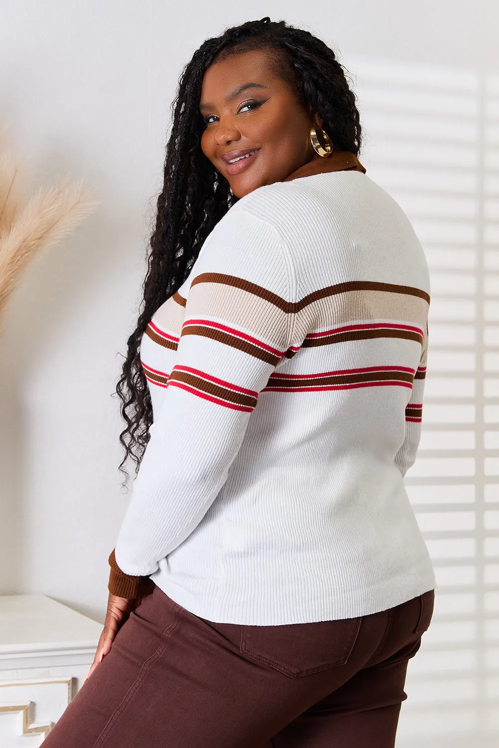 Striped Collared Neck Rib-Knit Sweater