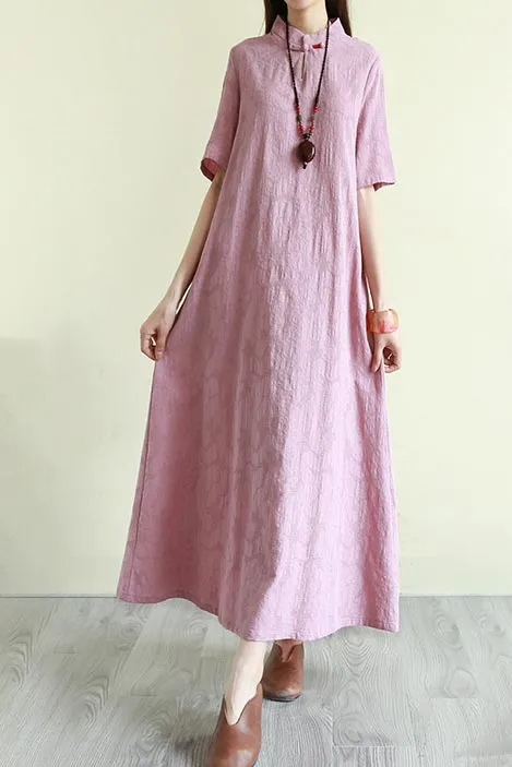 summer loose linen long dress with half sleeve and mockneck CYM333