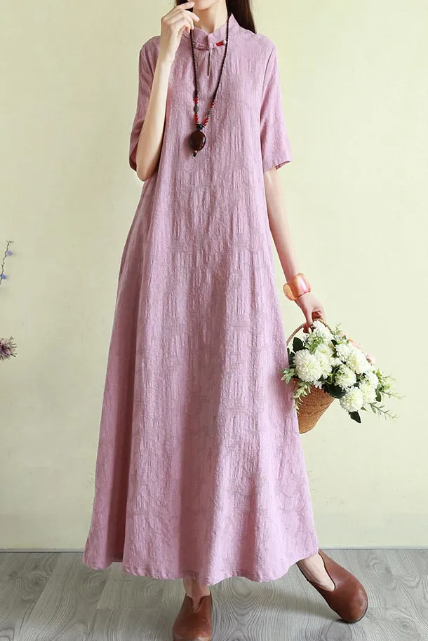 summer loose linen long dress with half sleeve and mockneck CYM333