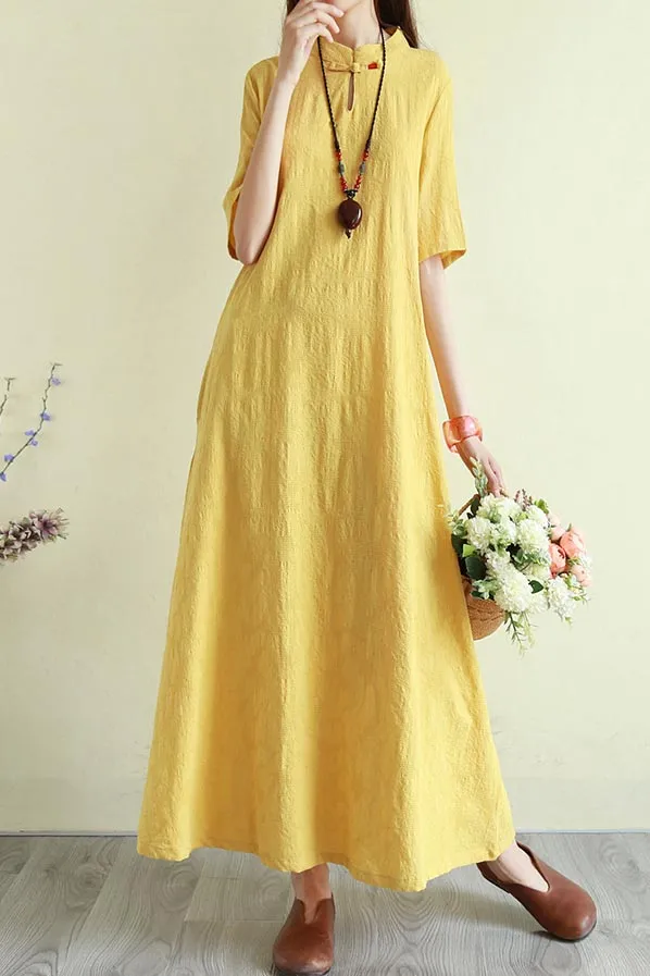 summer loose linen long dress with half sleeve and mockneck CYM333