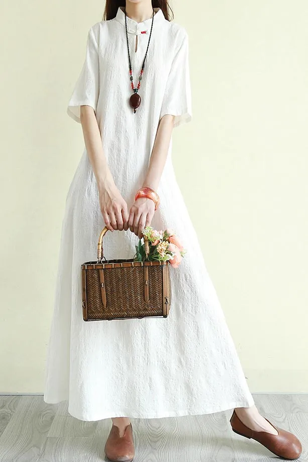 summer loose linen long dress with half sleeve and mockneck CYM333