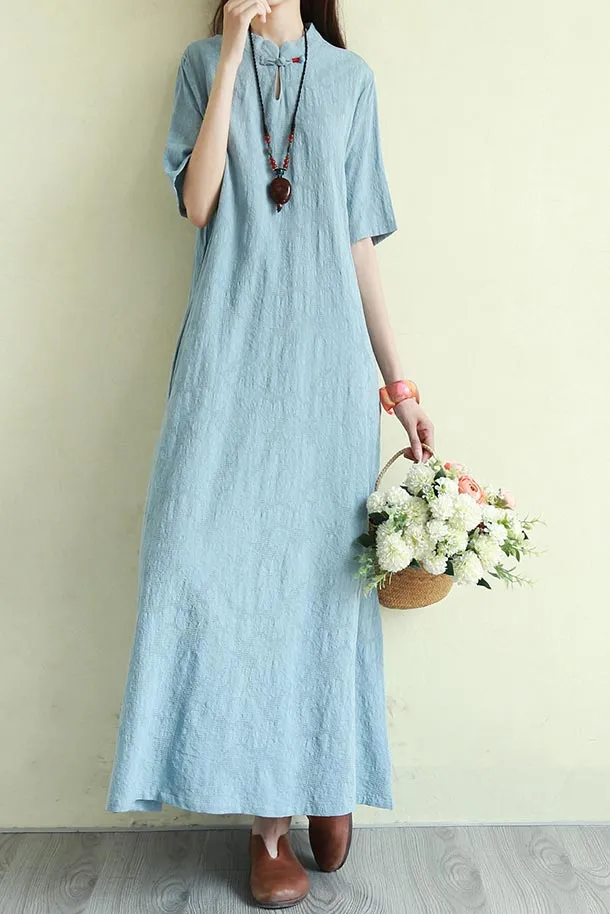 summer loose linen long dress with half sleeve and mockneck CYM333