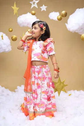 Sunshine In My Pocket Off-White Lehenga and Frilled Blouse Set for Girls