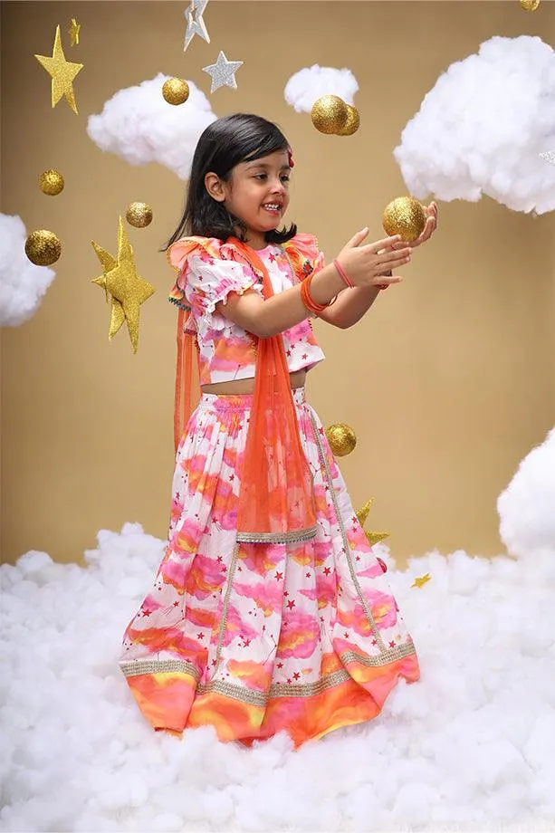 Sunshine In My Pocket Off-White Lehenga and Frilled Blouse Set for Girls