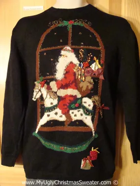 Tacky Christmas Sweater Party Classic 80s Ugly Sweater with Santa Riding His Horse at Night (f1033)