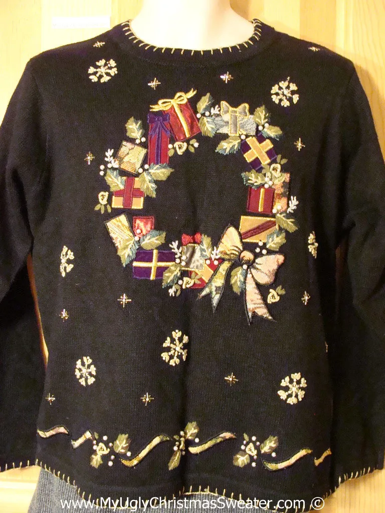 Tacky Holiday Sweater with Huge Bling Bead Accented Wreath (f1055)