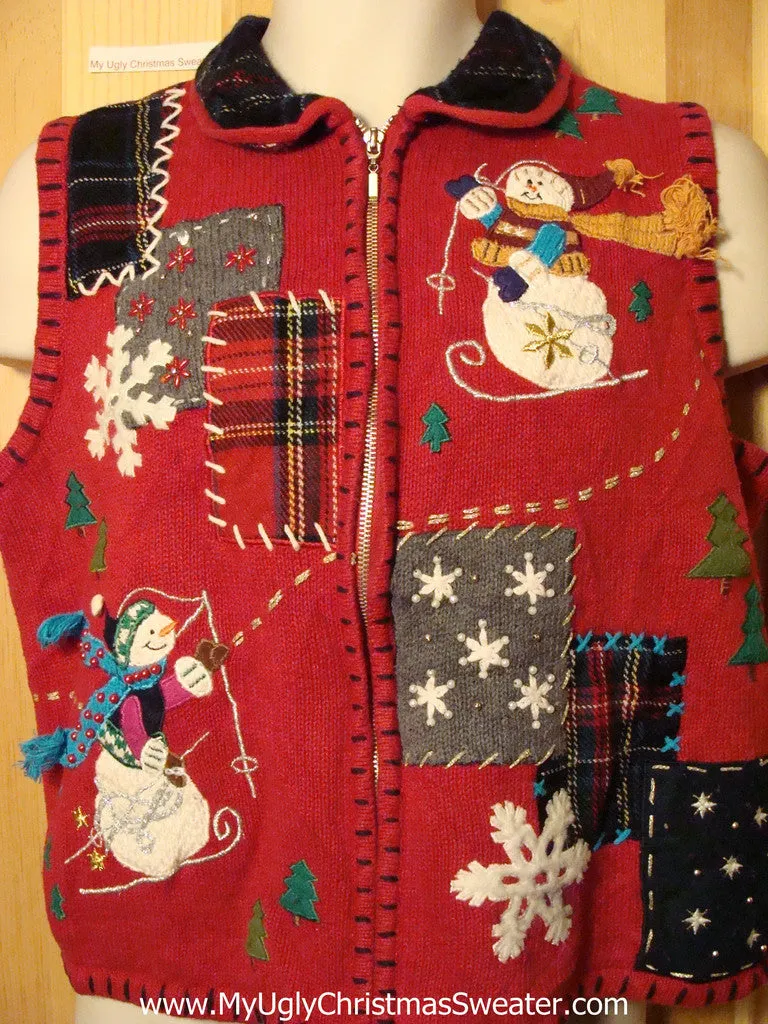 Tacky Ugly Christmas Sweater Vest with Crafty Plaid Accents and Skiing Snowmen (f280)