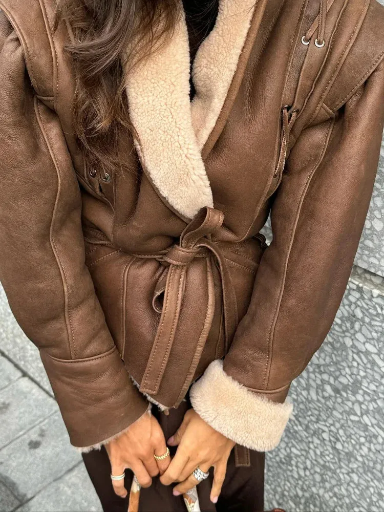 TAVIMART  -  Fashion Warm Furry Leather Woman Jacket With Belt Chic Lapel Long Sleeve Motorcycle Coat Lady 2024 Winter High Street Outerwear