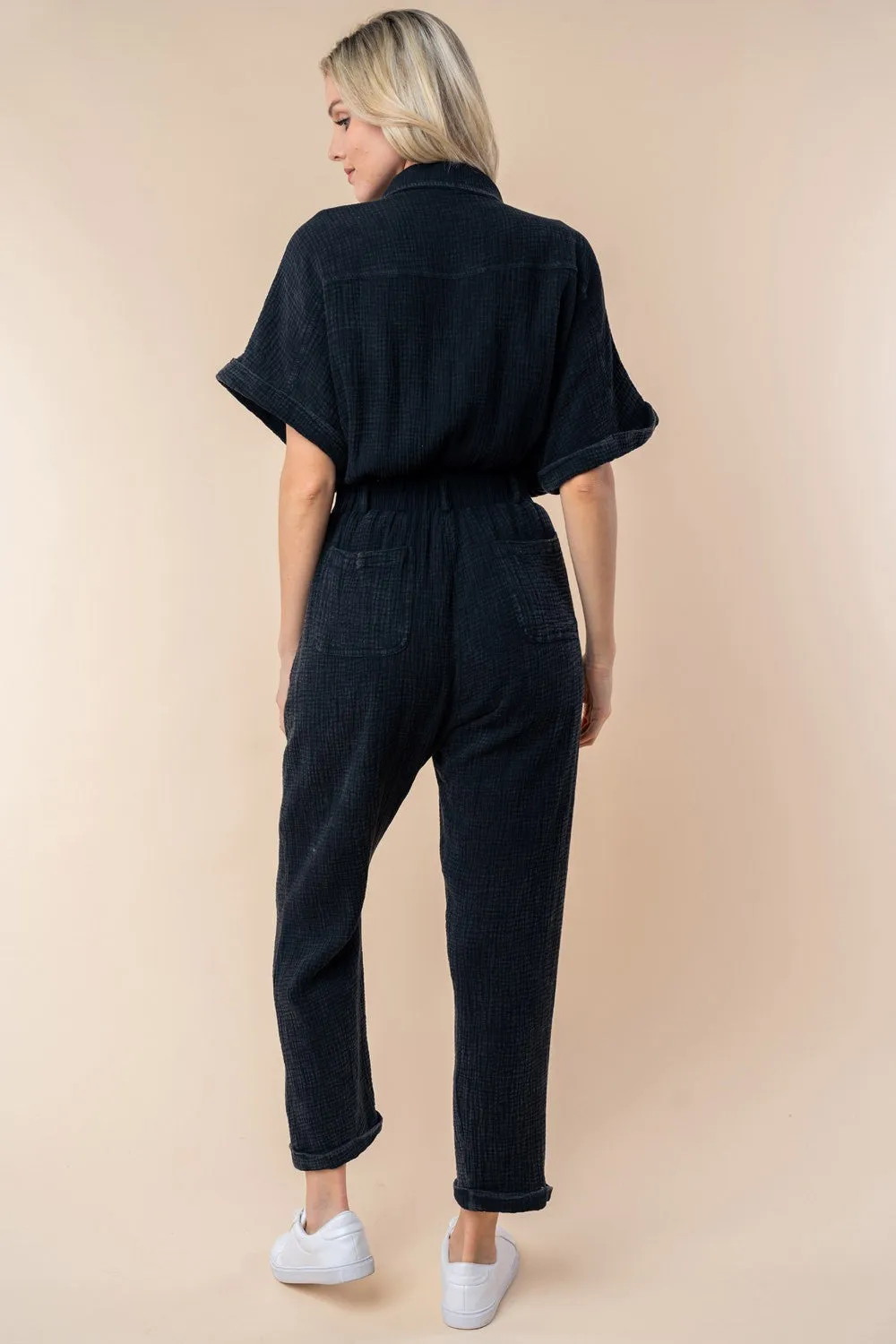 Texture Short Sleeve Jumpsuit