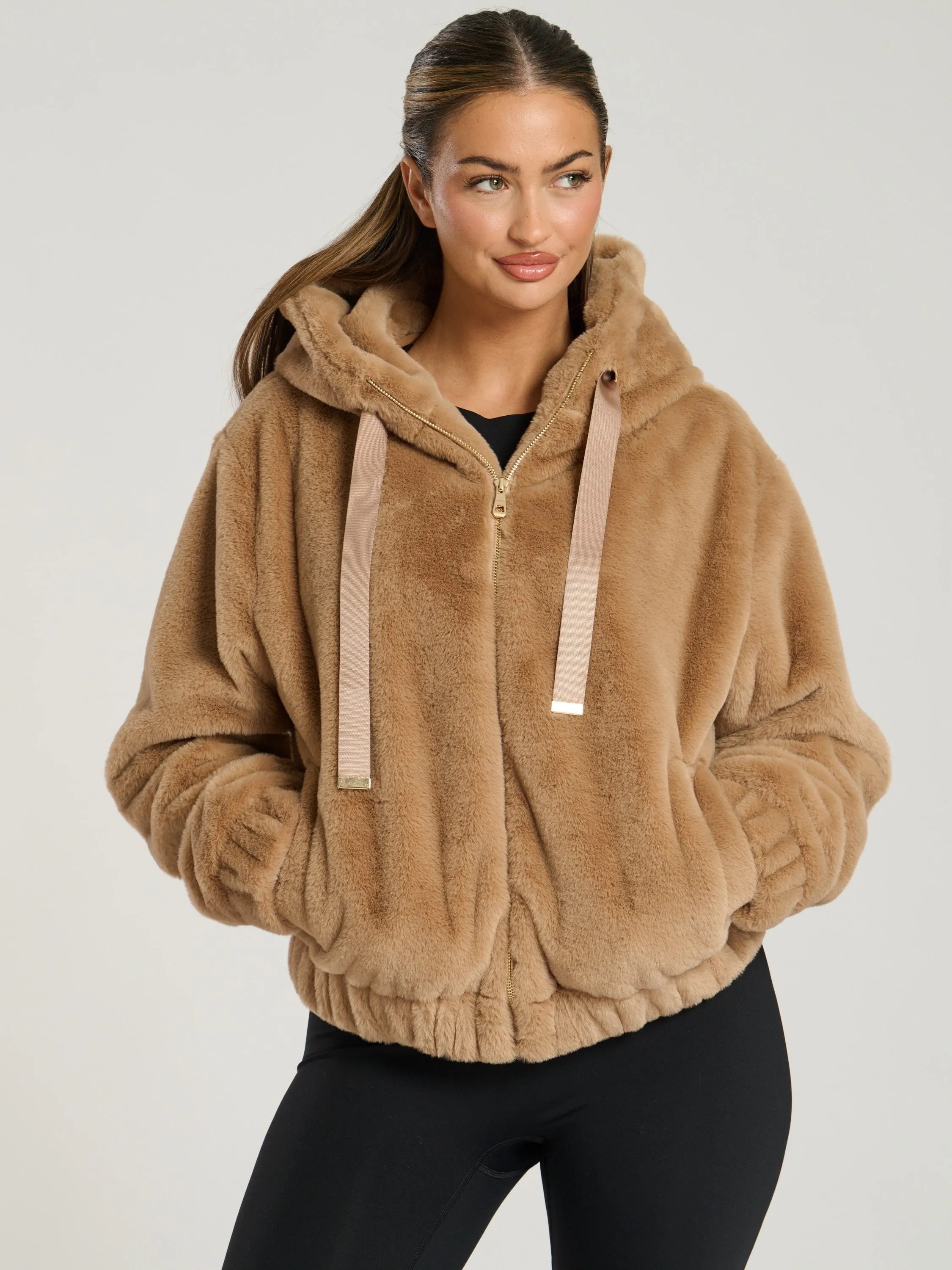 The 'Hibernal' faux fur hooded jacket in toffee