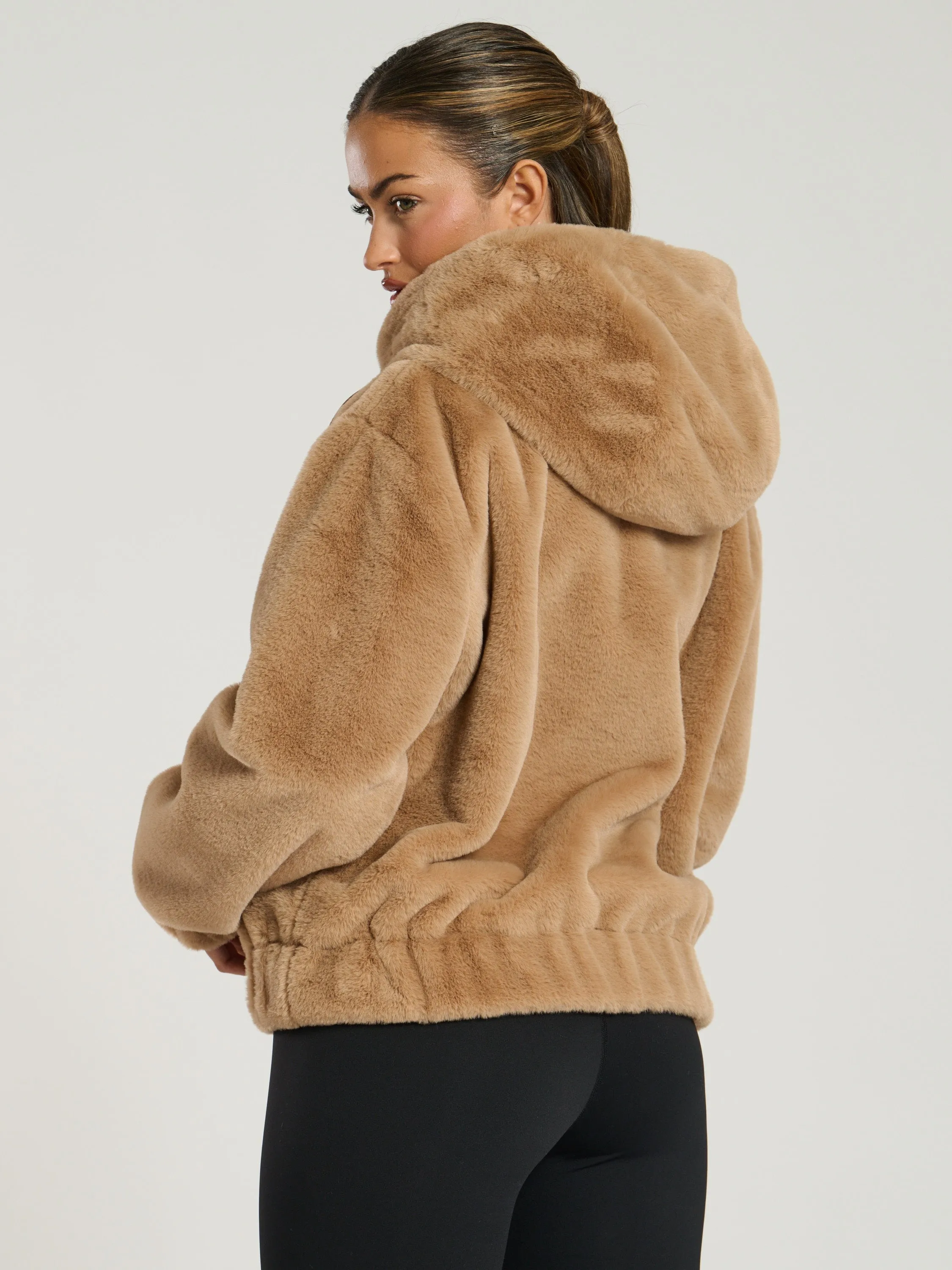 The 'Hibernal' faux fur hooded jacket in toffee