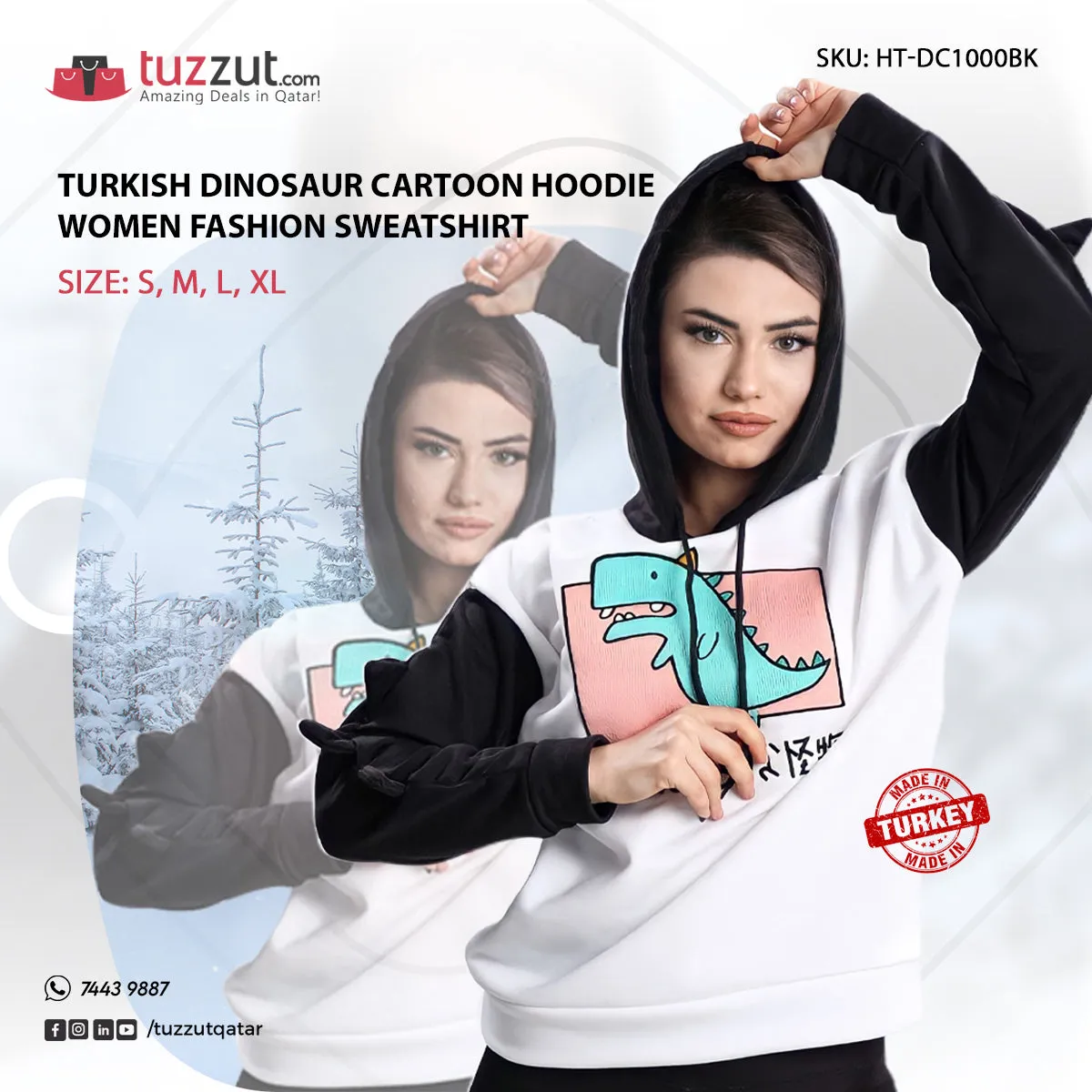 Turkish Dinosaur Cartoon Hoodie Women Fashion Sweatshirt - Black