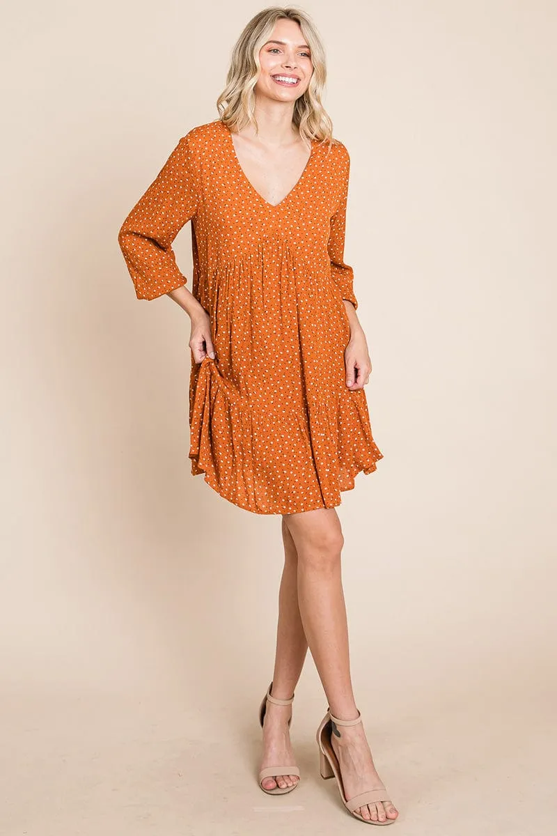 V neck Floral Printed Long Sleeve Pleated Dress