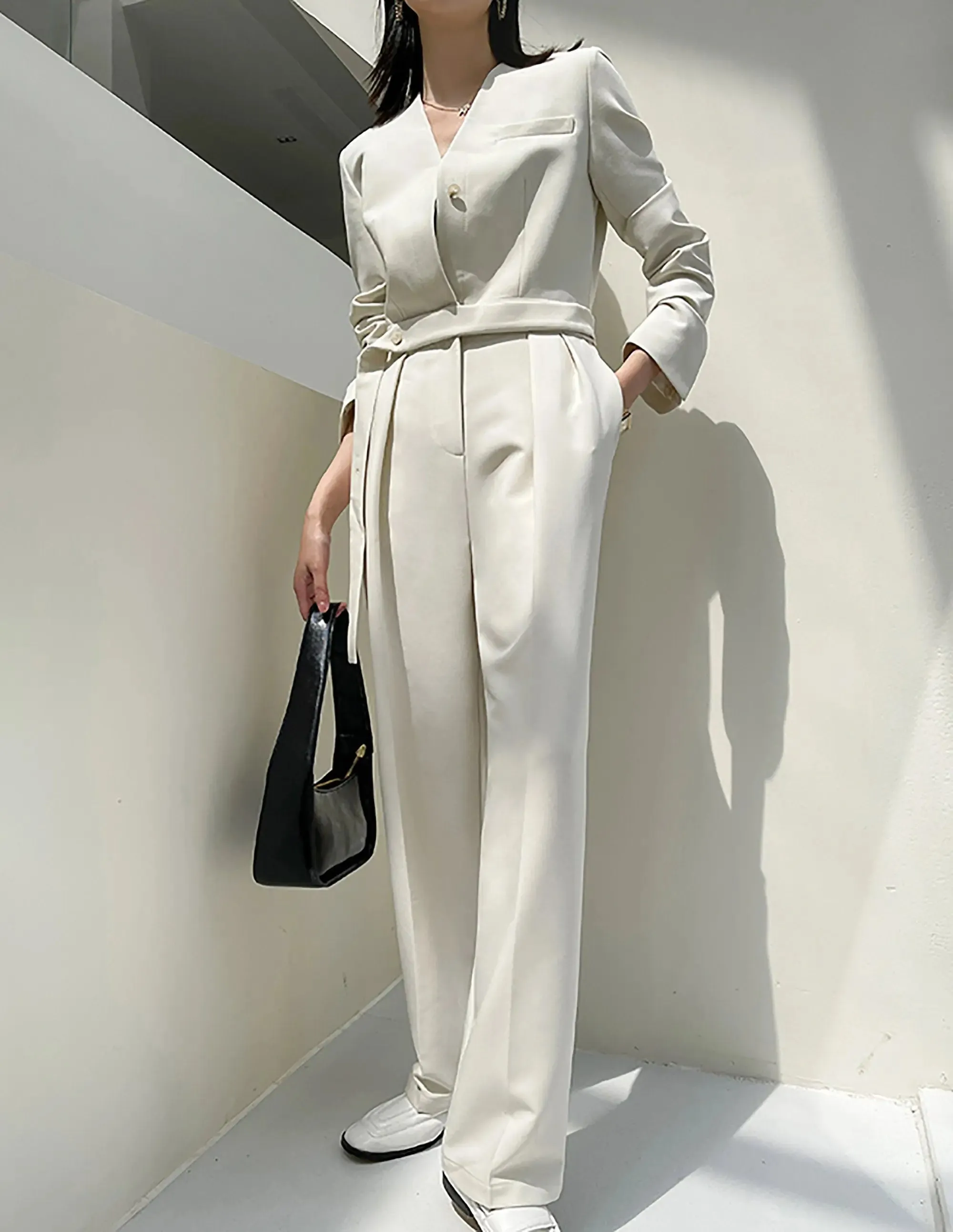 V-Neck Long Sleeve Wide Leg Jumpsuit