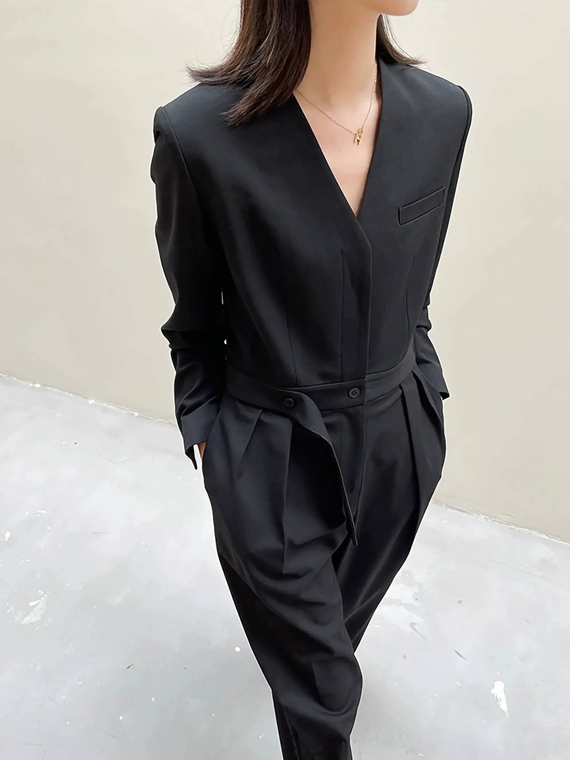 V-Neck Long Sleeve Wide Leg Jumpsuit