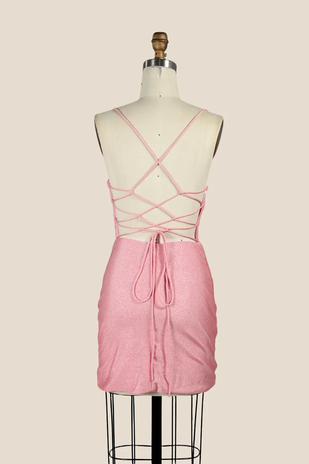 V-neck Pink Ruched Bodycon Short Dress