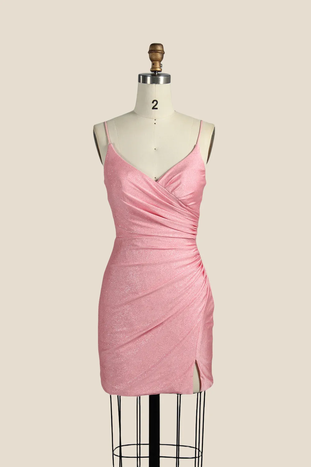 V-neck Pink Ruched Bodycon Short Dress