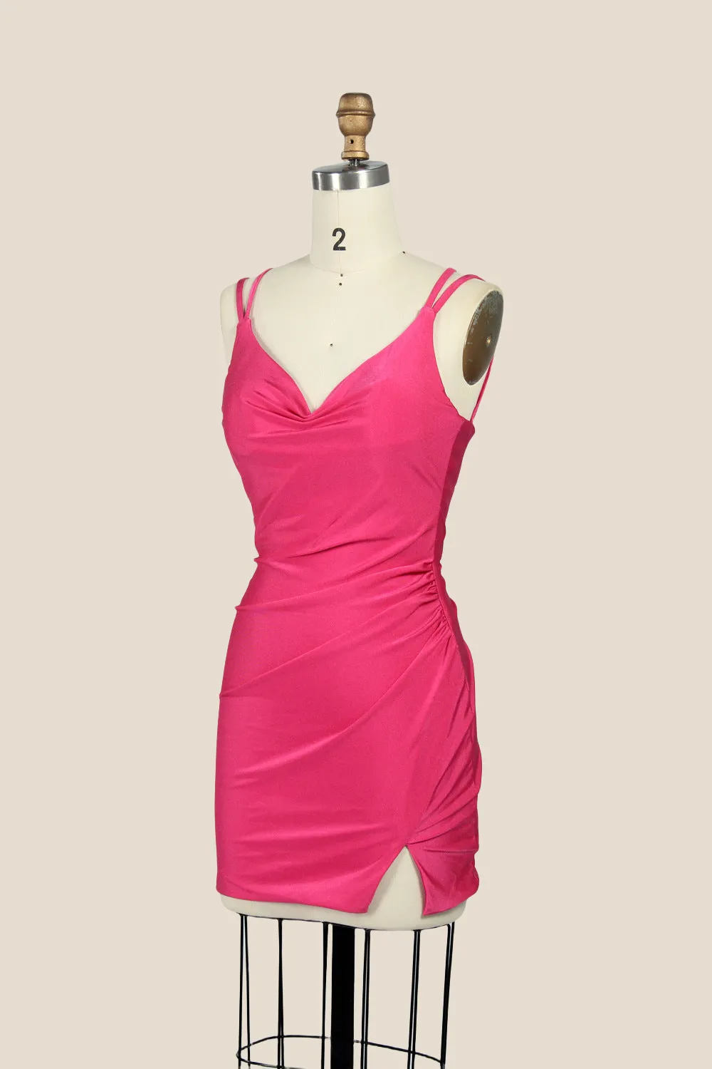 V-neck Pink Ruched Bodycon Short Dress