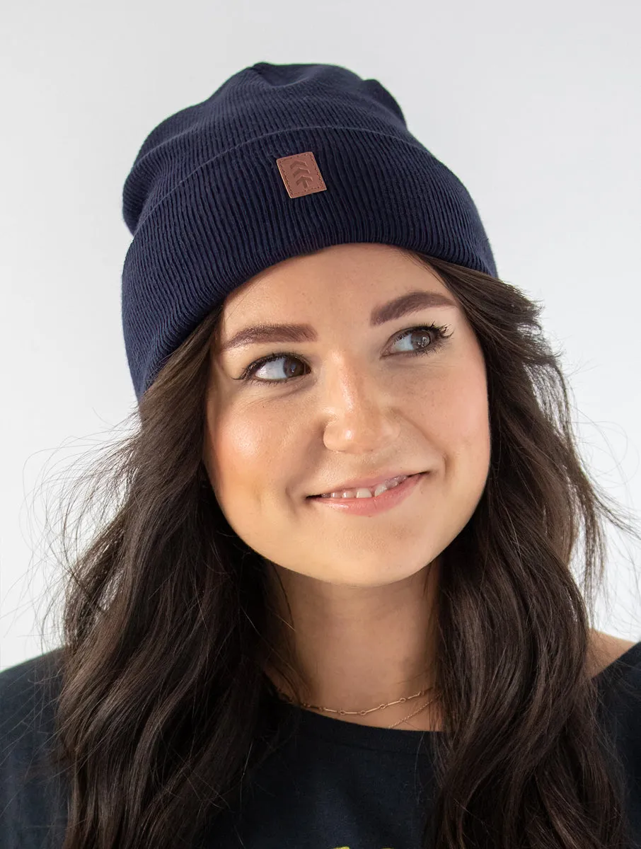 Vegan Leather Patch Logo Beanie - Navy