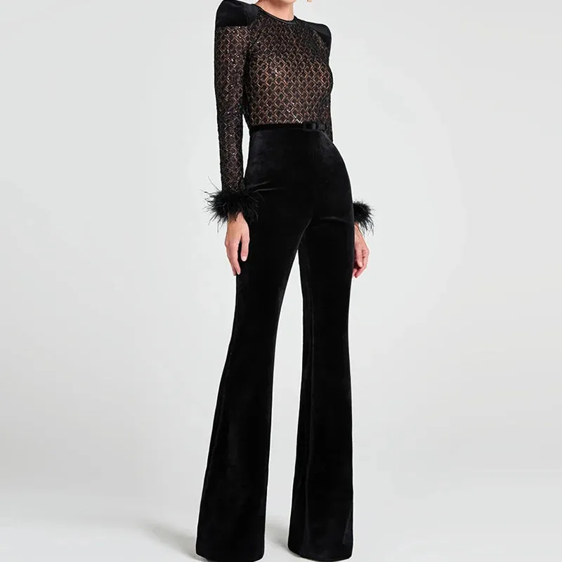 Velvet Feather Patchwork Jumpsuit – High-Waist Wide Leg Party Romper