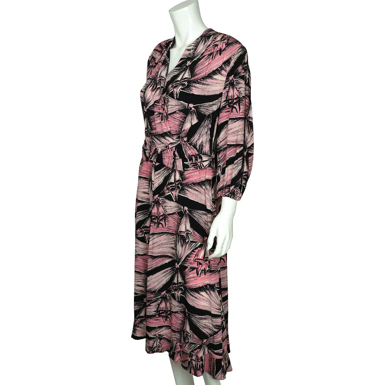 Vintage 1940s Dress Pink Bow Pattern Printed Silk Crepe Size L