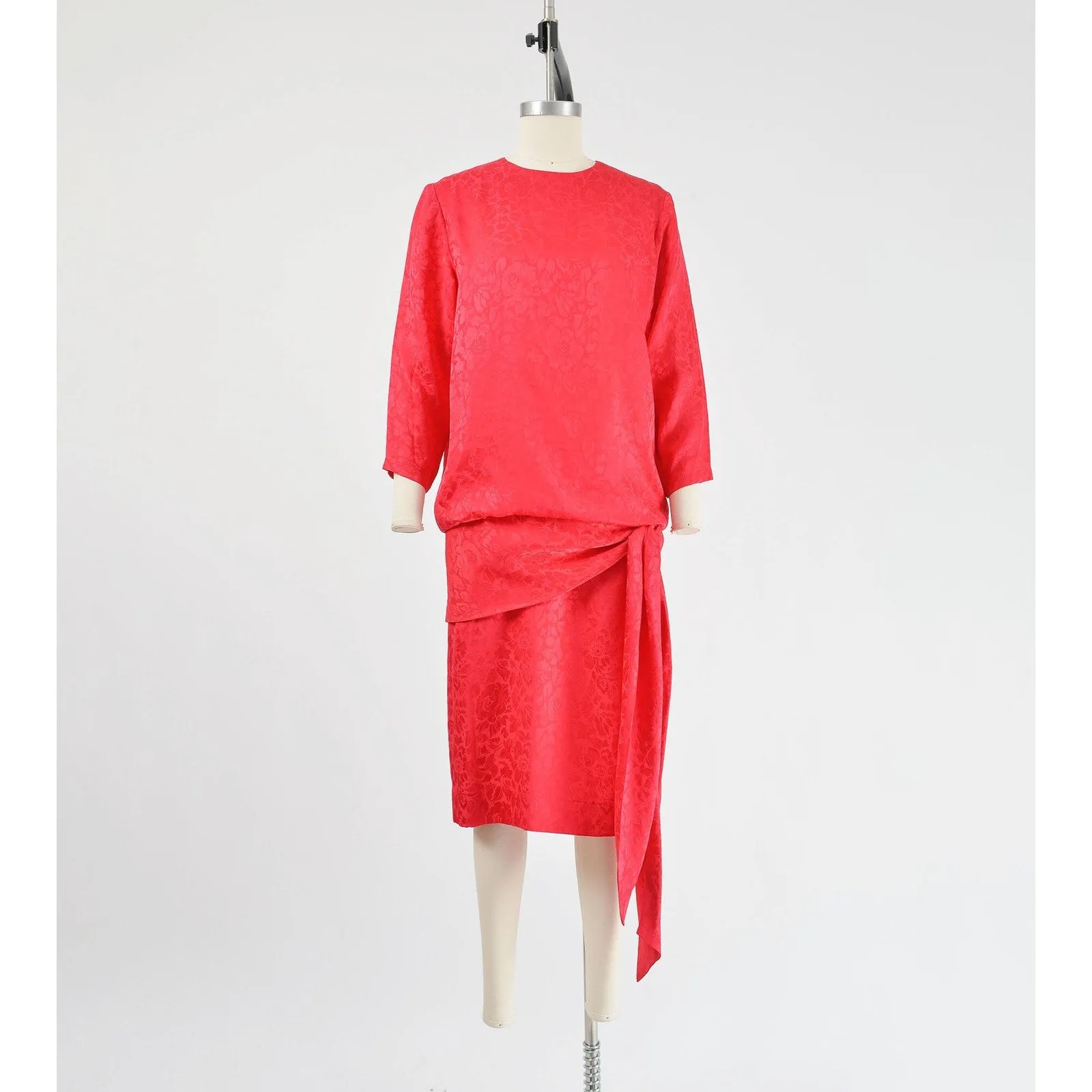 Vintage 80s does 20s Red Silk Drop Waist Midi Length Cocktail Dress size XS