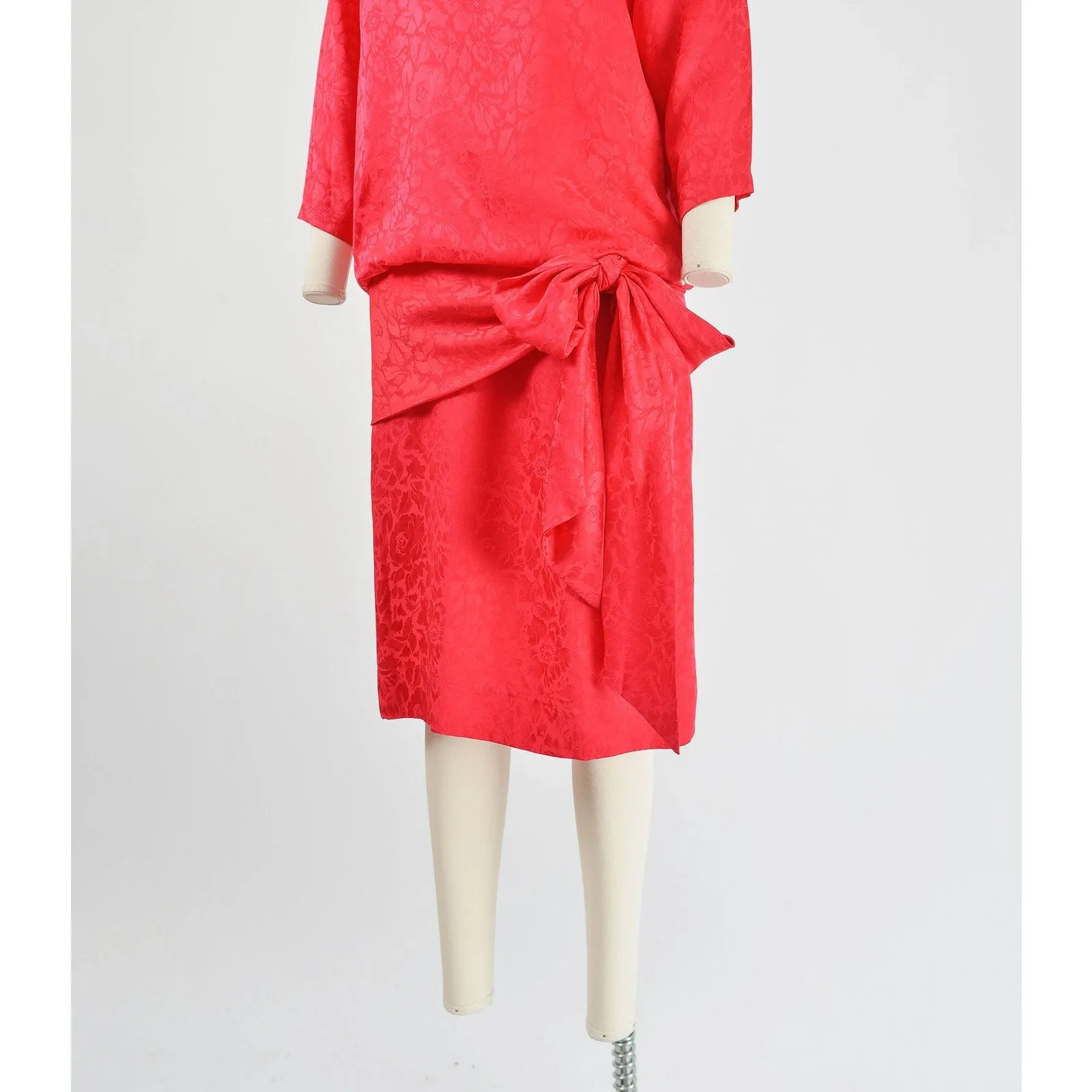 Vintage 80s does 20s Red Silk Drop Waist Midi Length Cocktail Dress size XS