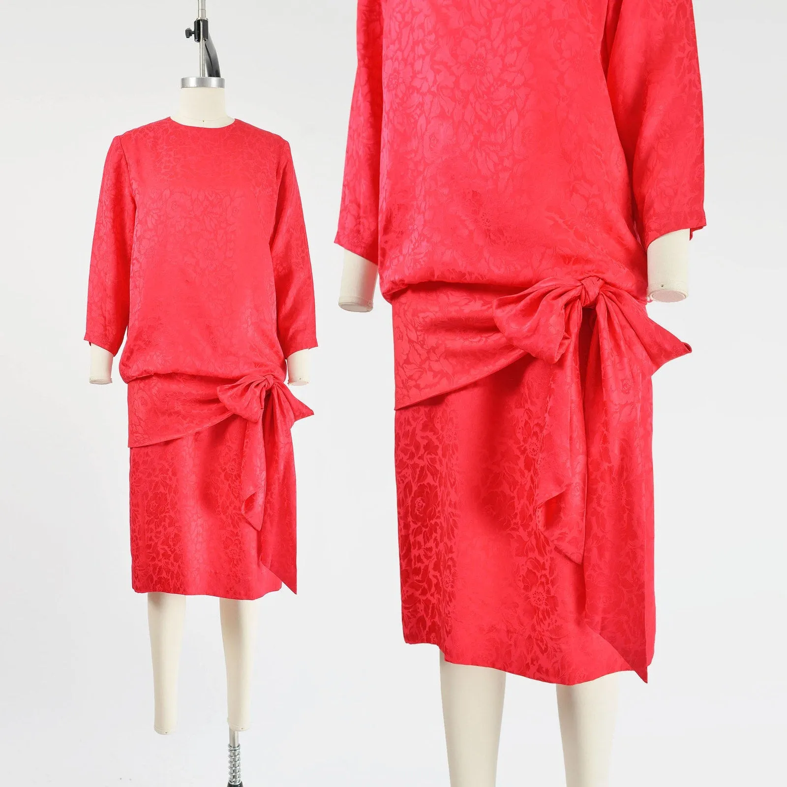 Vintage 80s does 20s Red Silk Drop Waist Midi Length Cocktail Dress size XS