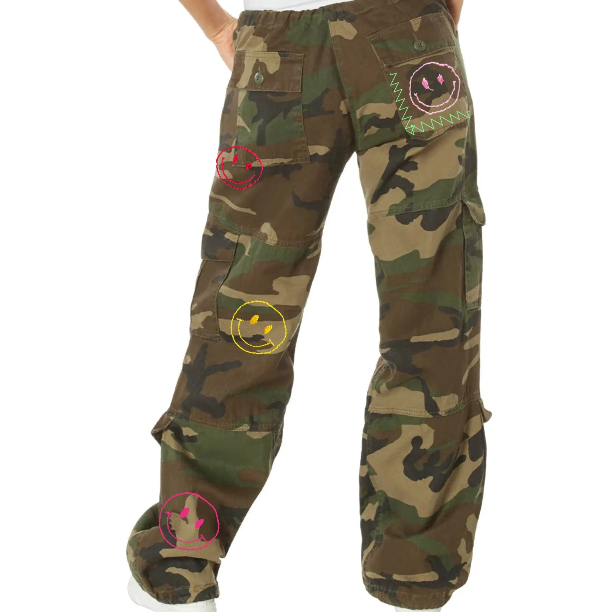 Vintage Smiley Embroidery Multi Army Pants