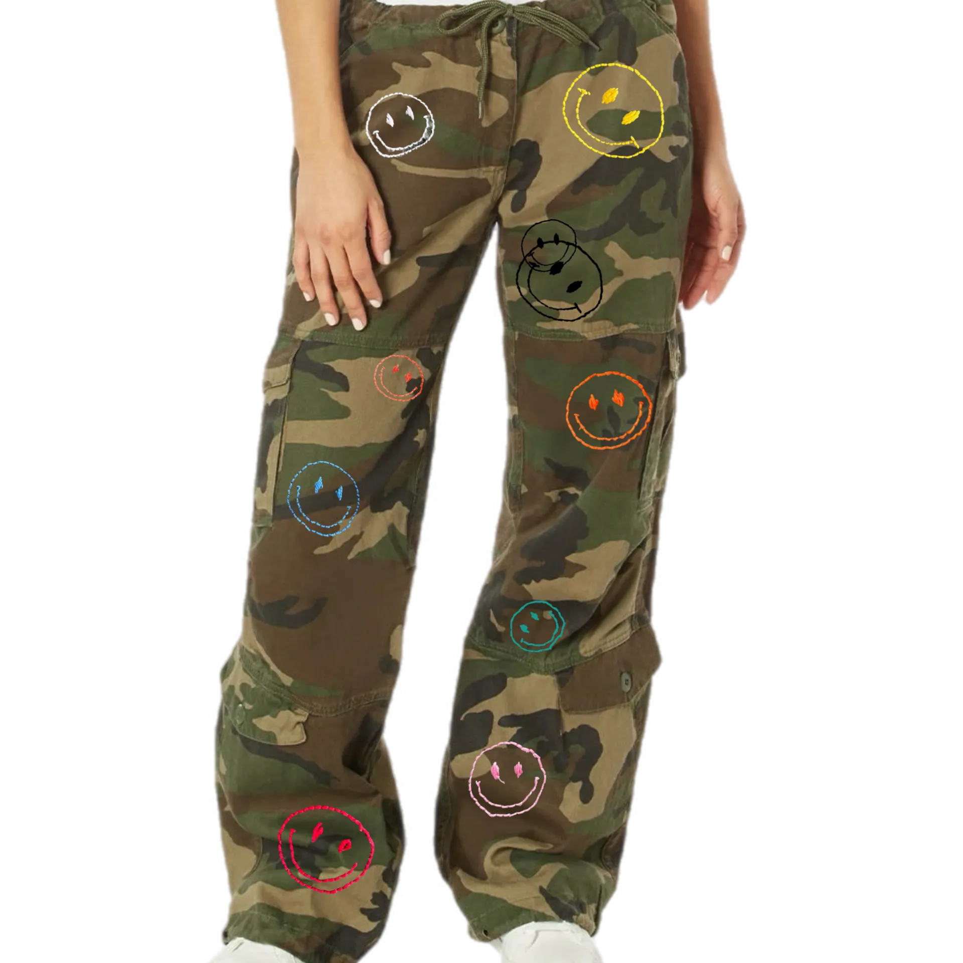 Vintage Smiley Embroidery Multi Army Pants