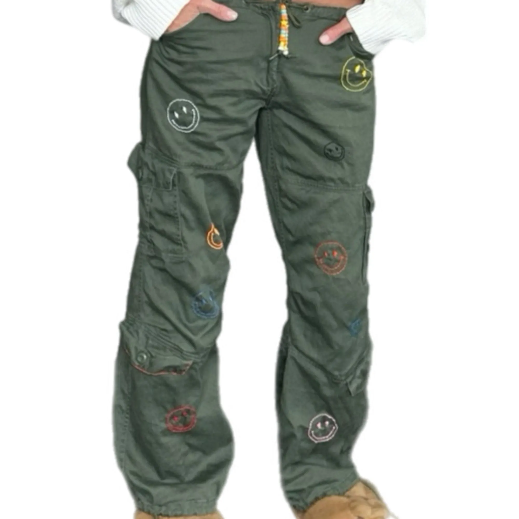 Vintage Smiley Embroidery Multi Army Pants