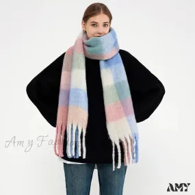 Winter Plaid Tassel Rainbow Faux Cashmere Long Muffler Scarf