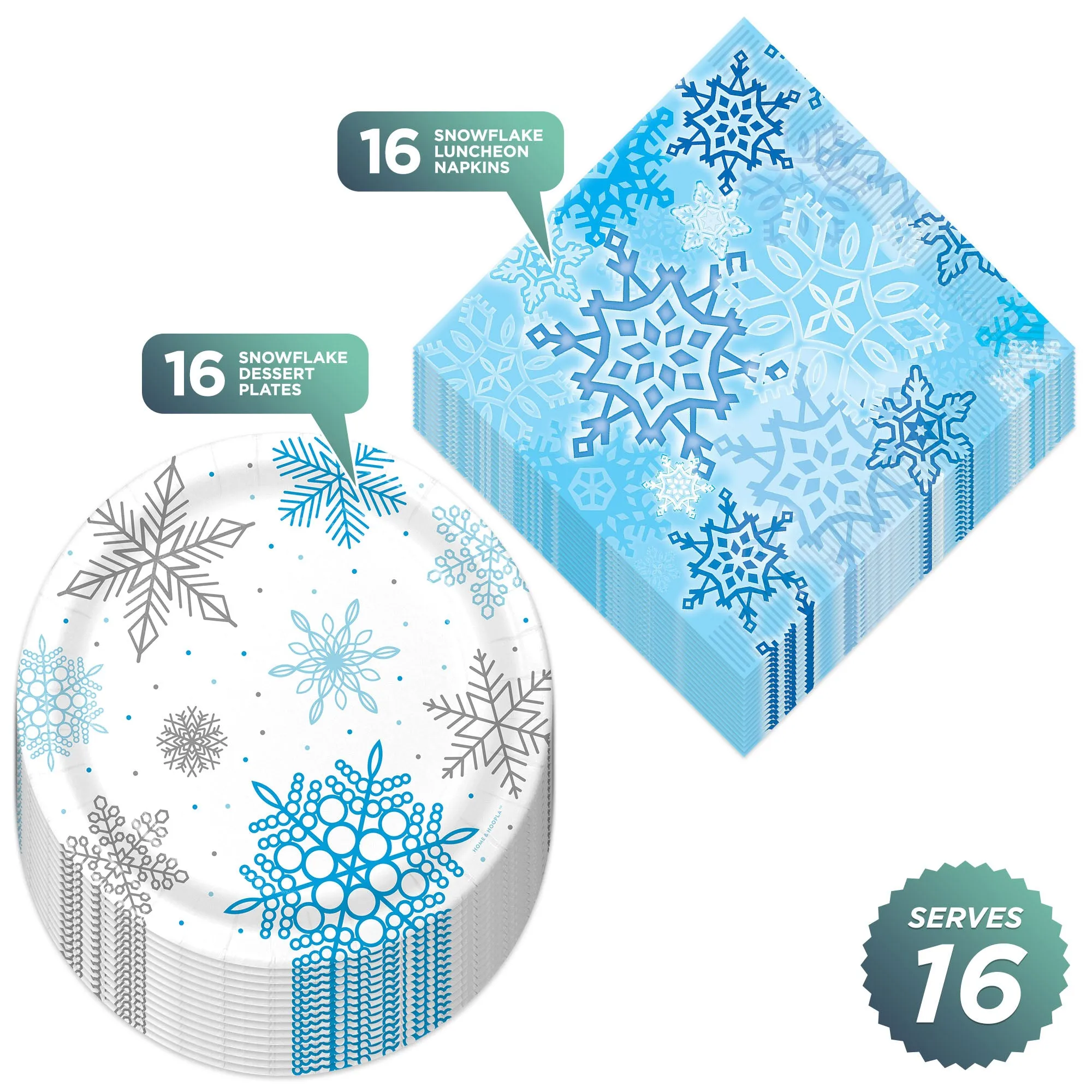 Winter Snowflake Paper Dessert Plates and Luncheon Napkins - Frozen Party Decorations and Snow Princess Party Supplies (Serves 16)