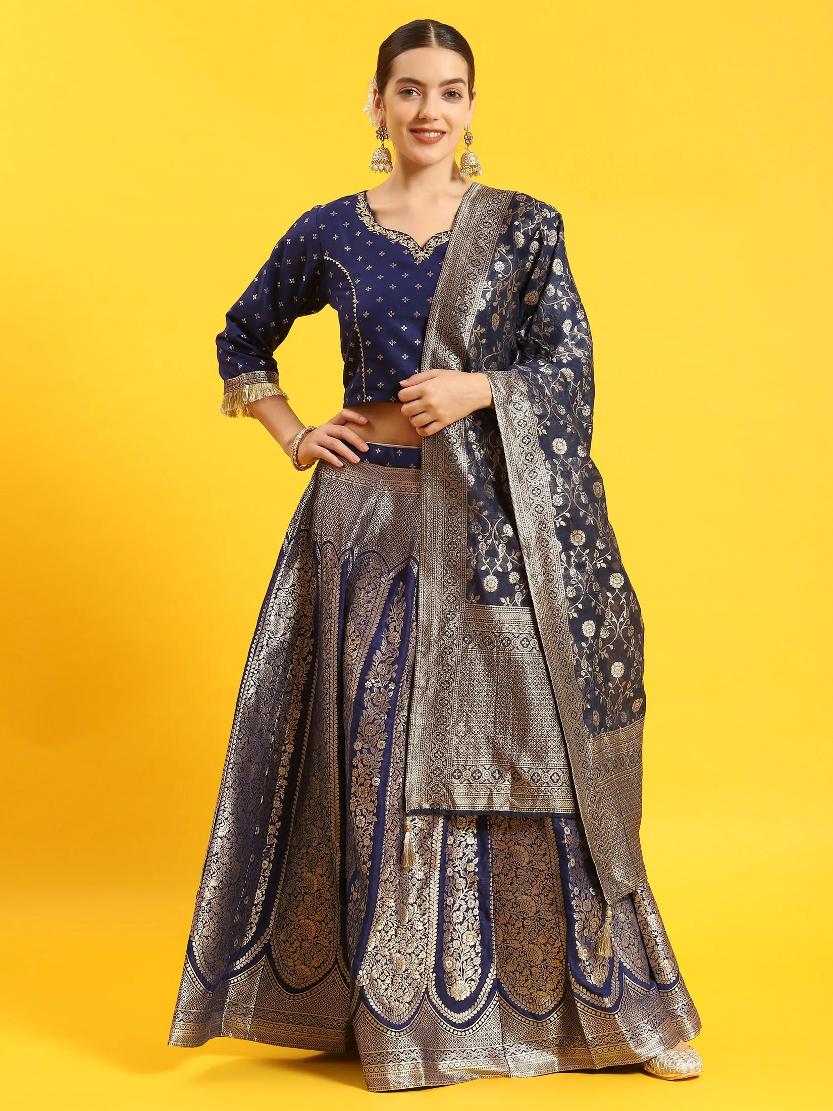 Women Blue Embroidered Top Skirt Dupatta